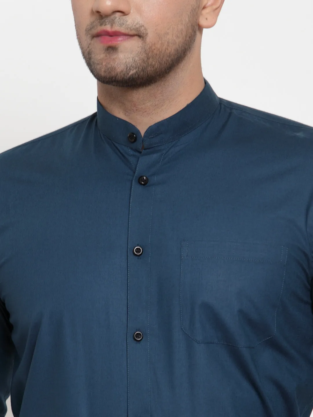 Men's Navy Cotton Solid Mandarin Collar Formal Shirts ( SF 726Teal ) - Jainish
