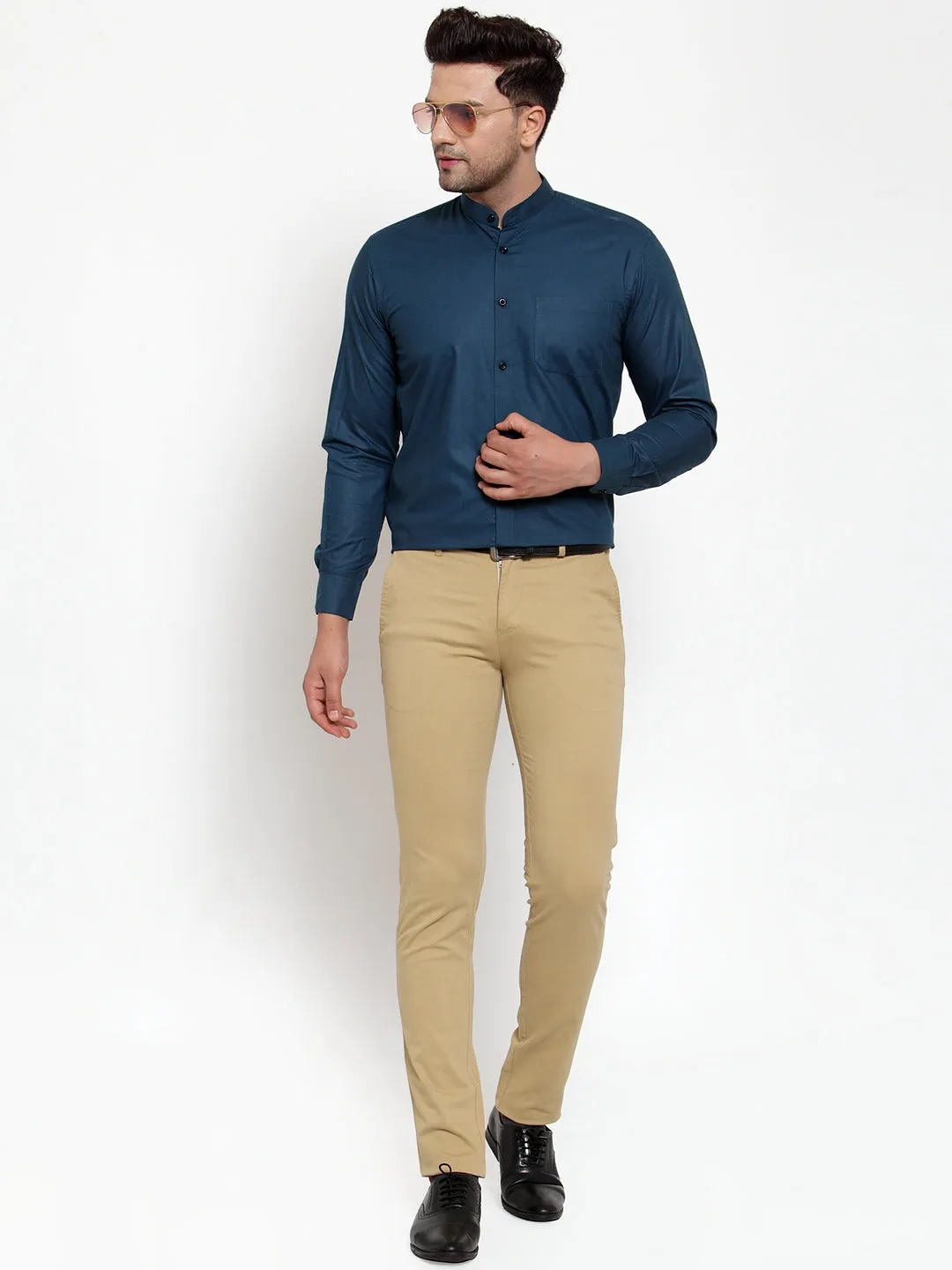 Men's Navy Cotton Solid Mandarin Collar Formal Shirts ( SF 726Teal ) - Jainish