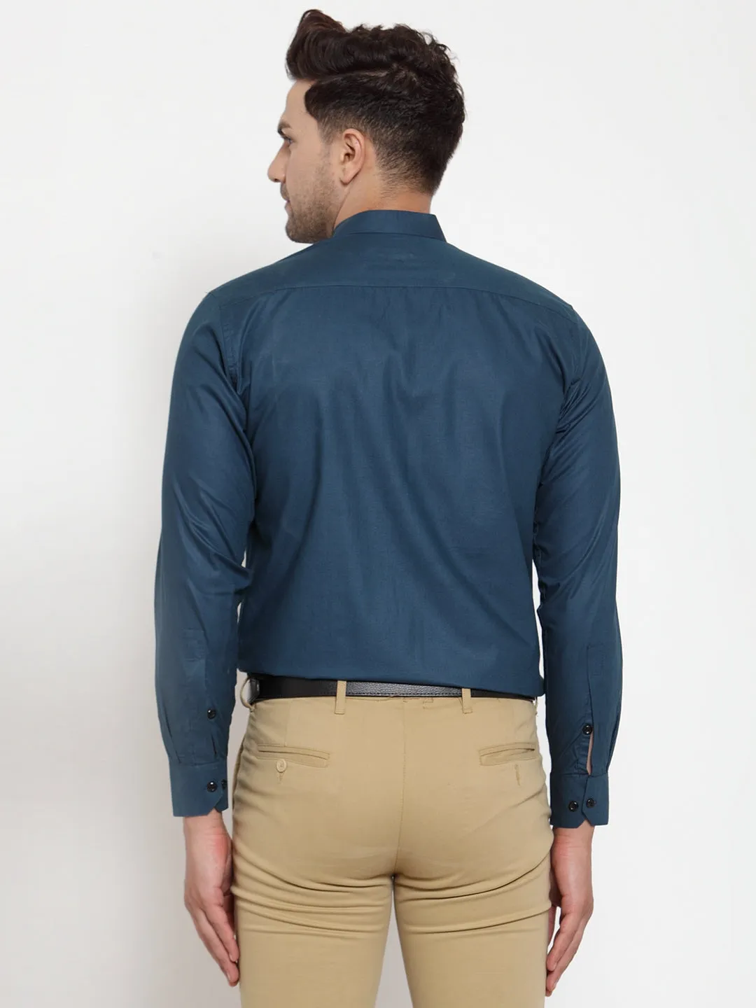 Men's Navy Cotton Solid Mandarin Collar Formal Shirts ( SF 726Teal ) - Jainish