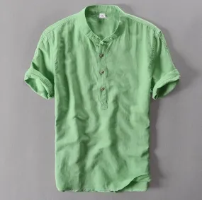 Mens Pullover Linen Shirts Short Sleeve