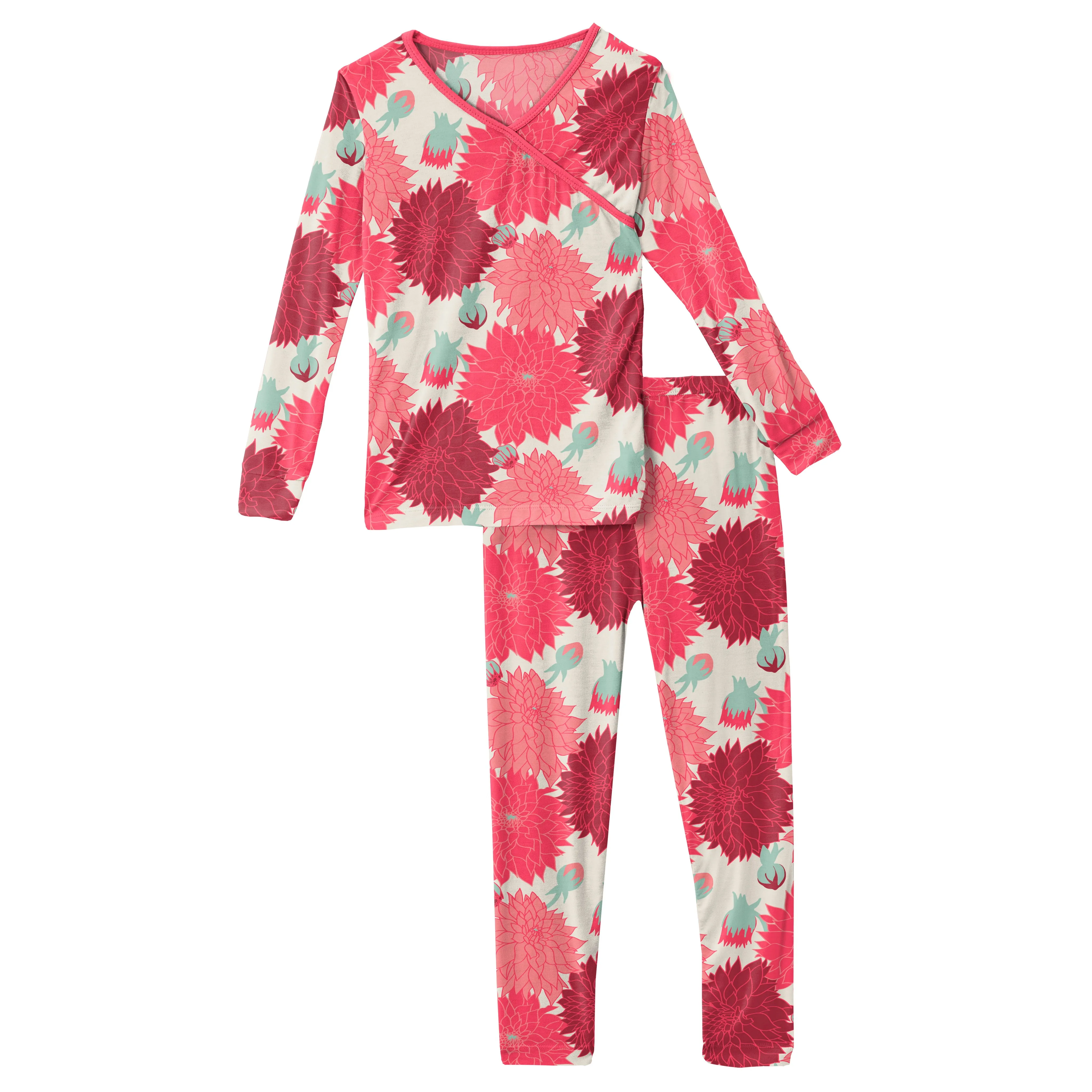 Natural Dahlias Print Long Sleeve Kimono Pajama Set- Select Size