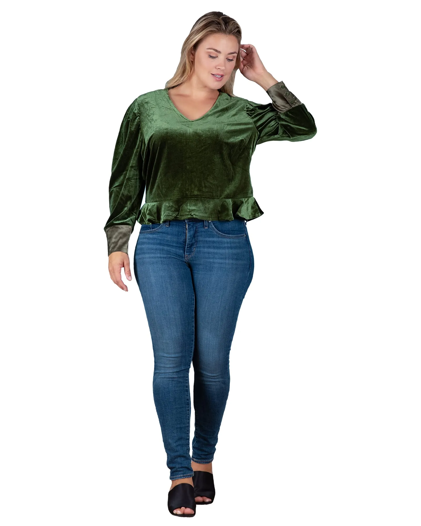 Stretch Velvet Peplum Top | Green