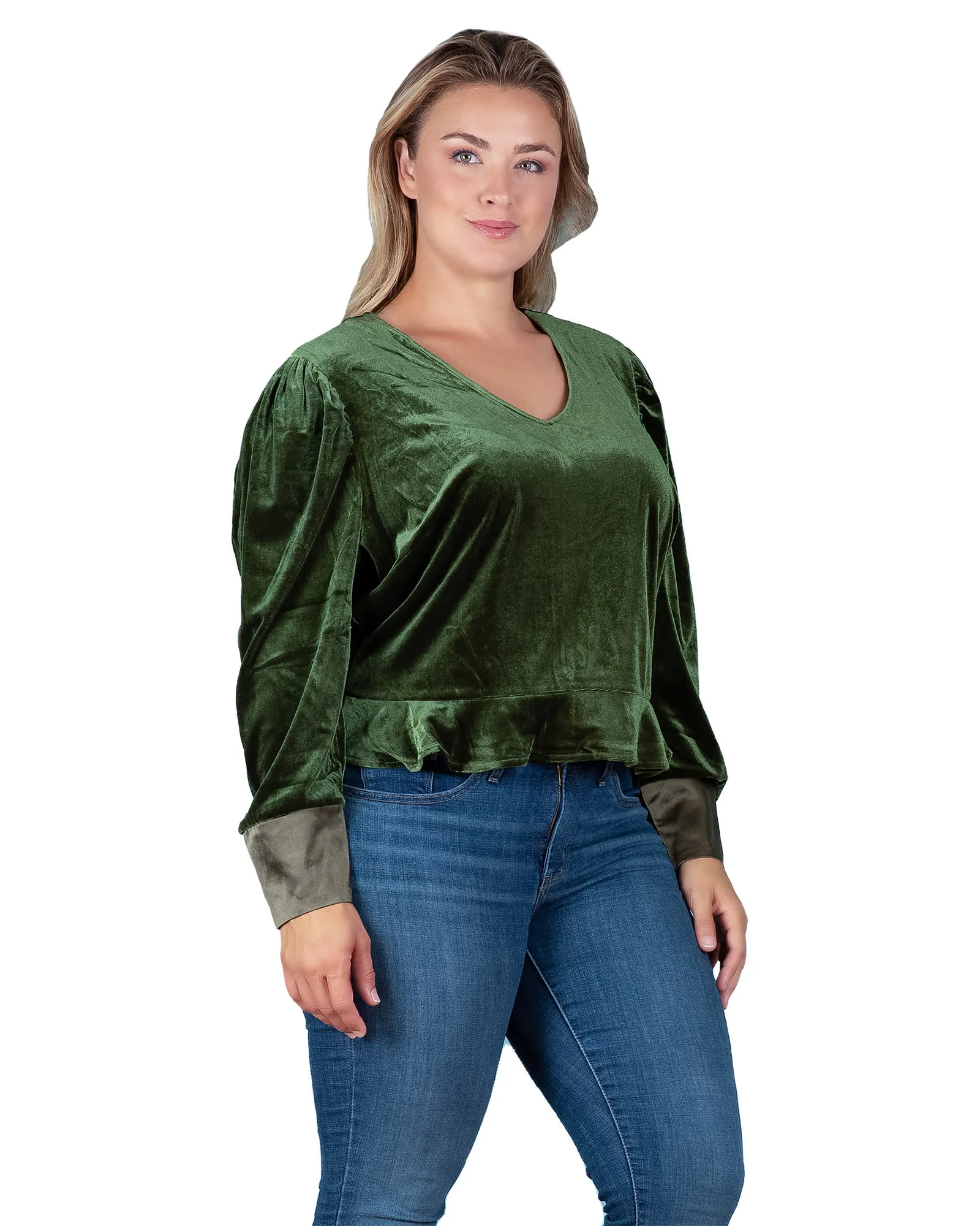 Stretch Velvet Peplum Top | Green