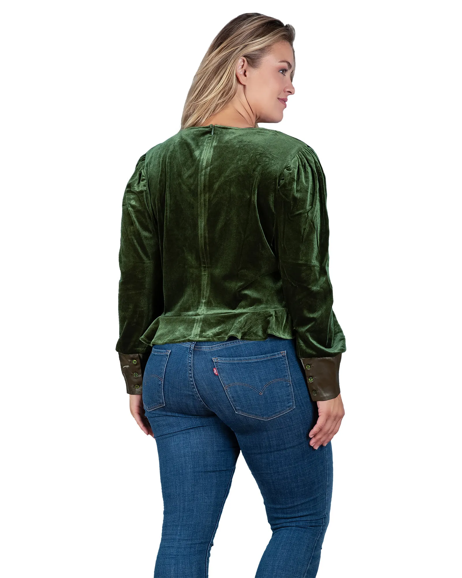 Stretch Velvet Peplum Top | Green