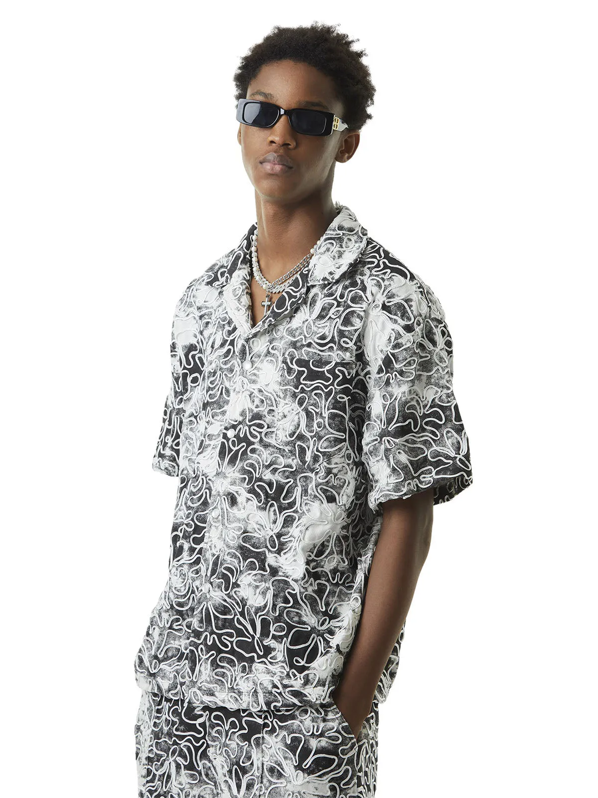 Thesupermade Ink Tie-dye Floral Hip-hop Short-sleeved Shirt