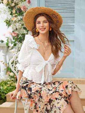 Tie Front Ruffle Detail Schiffy Peplum Top