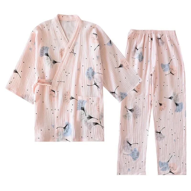 VenusFox Pure Cotton Yarn Kimono Pajamas V-Neck Printing Oversized Loungewear Women 2 Piece Sleepwear