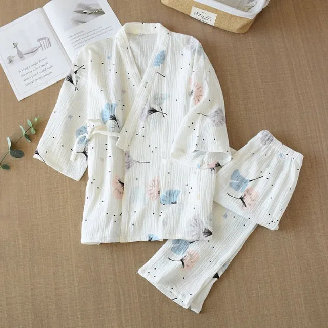 VenusFox Pure Cotton Yarn Kimono Pajamas V-Neck Printing Oversized Loungewear Women 2 Piece Sleepwear