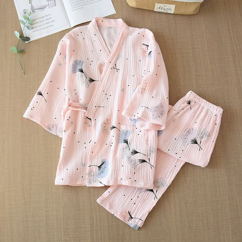 VenusFox Pure Cotton Yarn Kimono Pajamas V-Neck Printing Oversized Loungewear Women 2 Piece Sleepwear