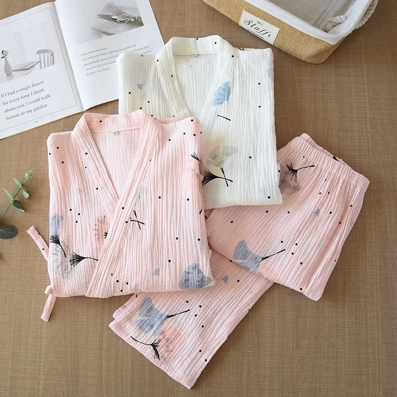 VenusFox Pure Cotton Yarn Kimono Pajamas V-Neck Printing Oversized Loungewear Women 2 Piece Sleepwear