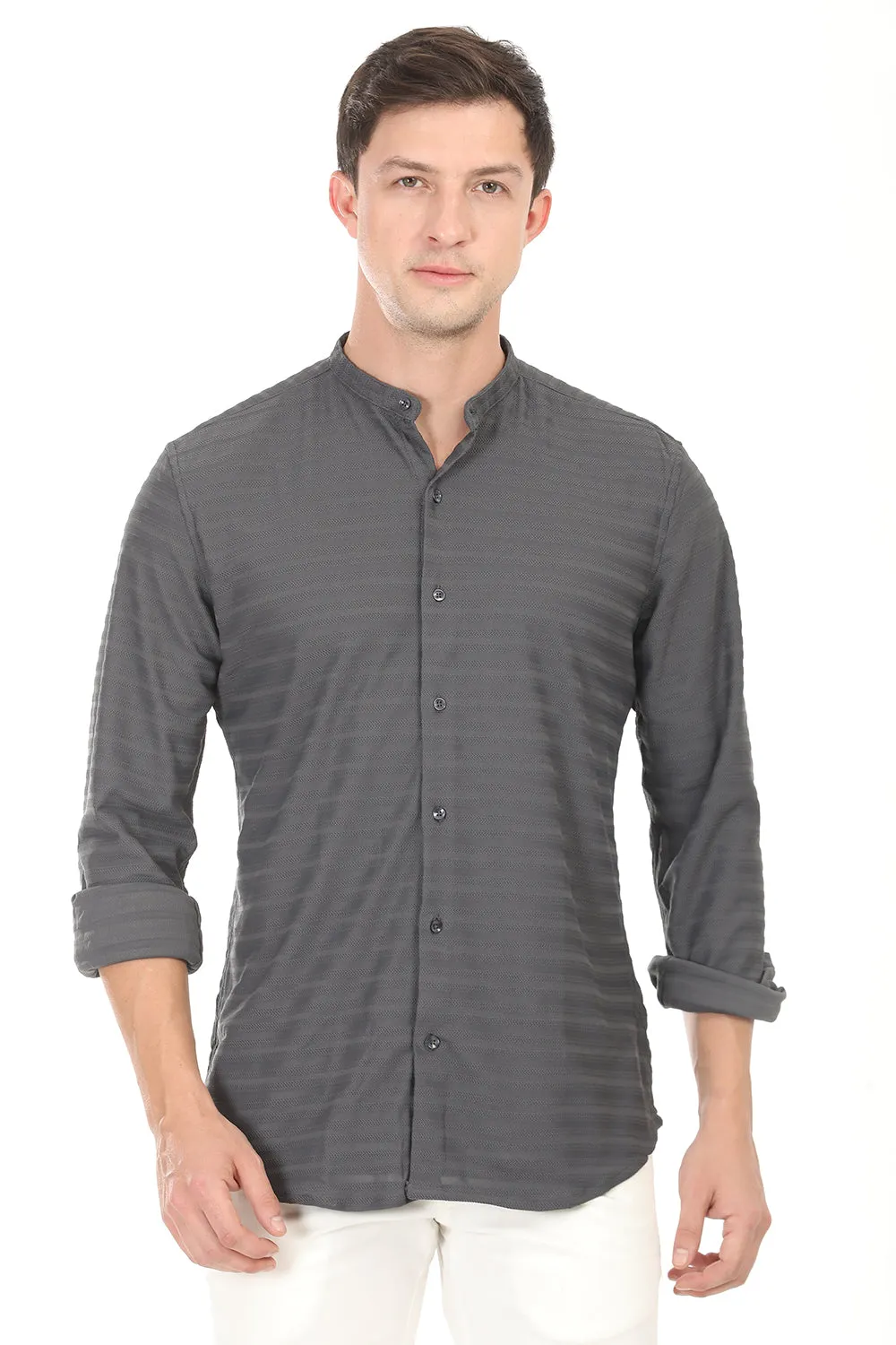 Weave Line Mandarin Collar Shirt - Gray