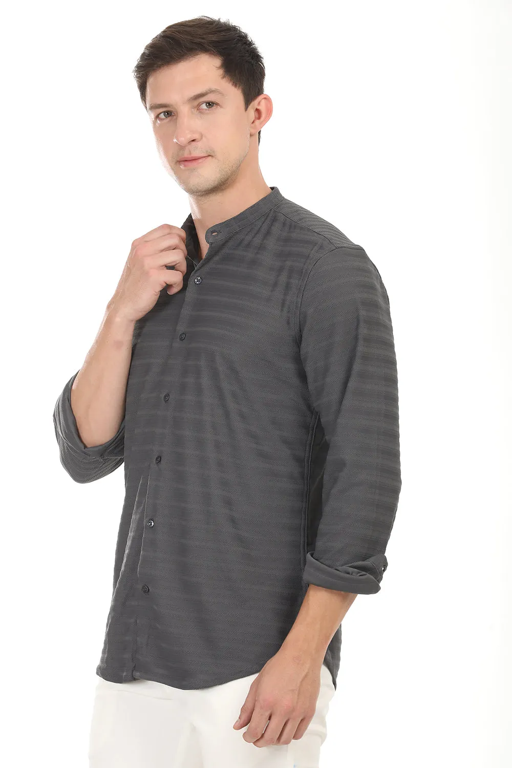 Weave Line Mandarin Collar Shirt - Gray
