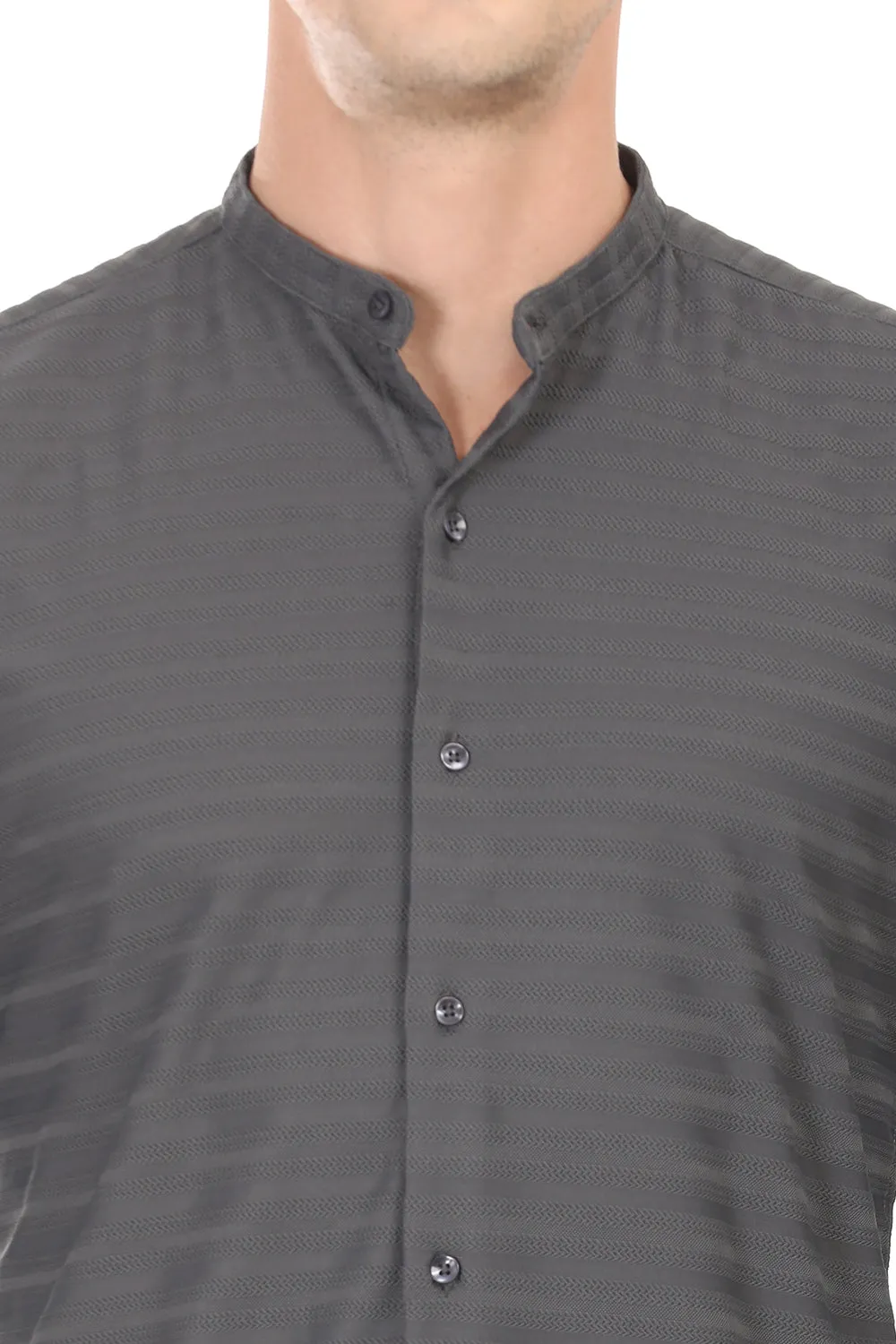 Weave Line Mandarin Collar Shirt - Gray