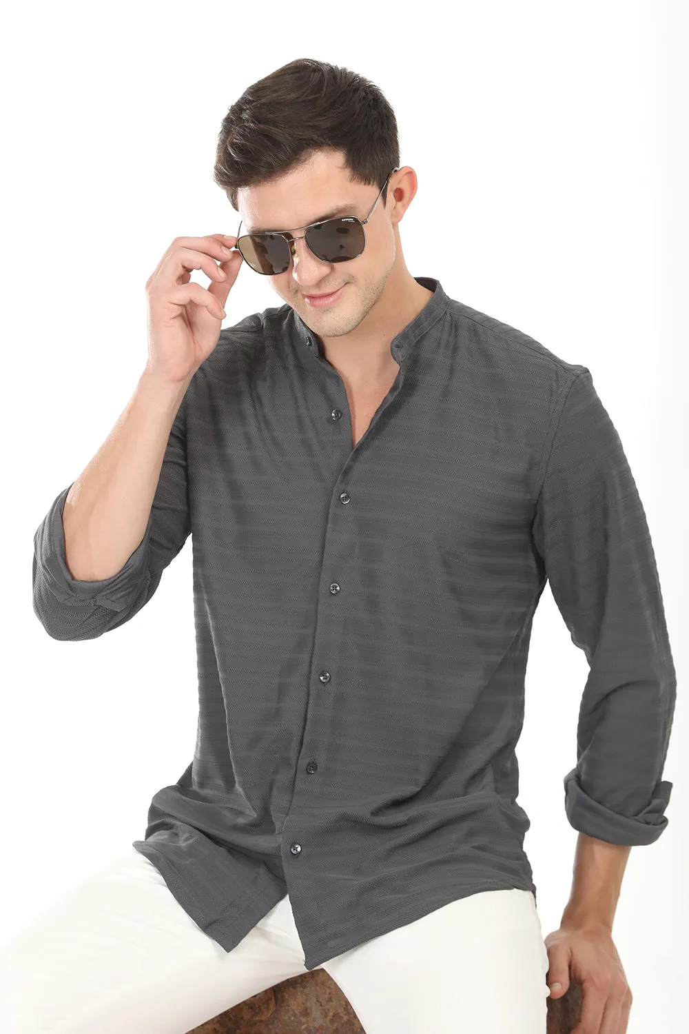 Weave Line Mandarin Collar Shirt - Gray