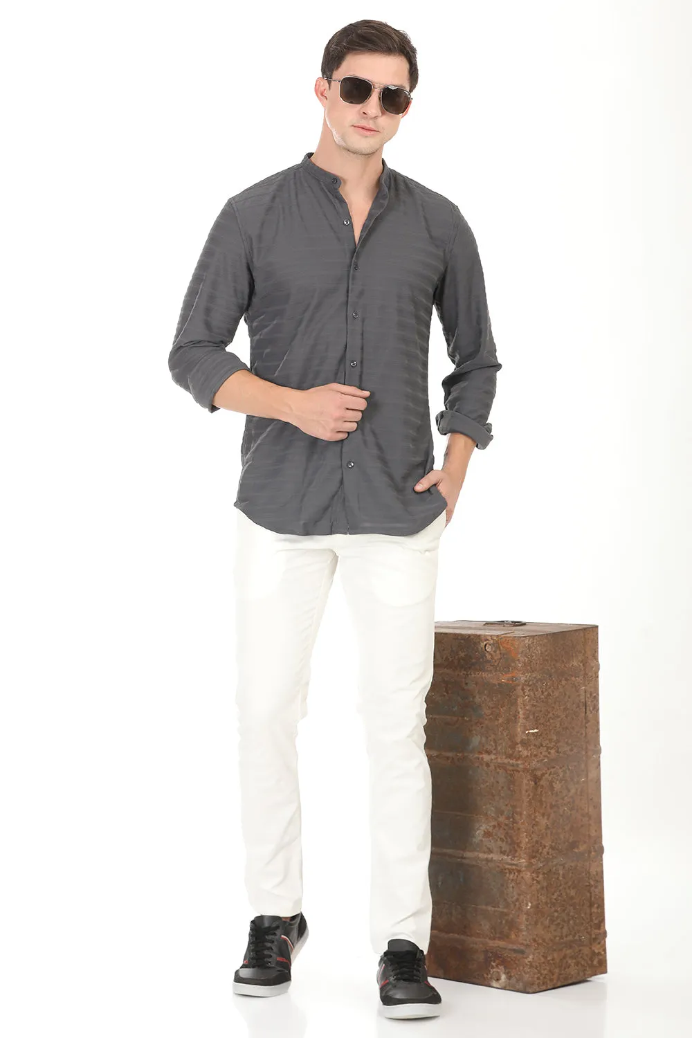 Weave Line Mandarin Collar Shirt - Gray
