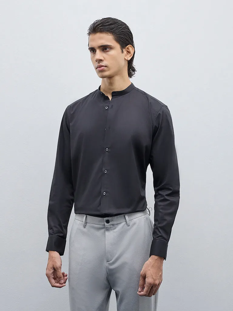 WES Formals Black Solid Slim-Fit Cotton Blend Shirt